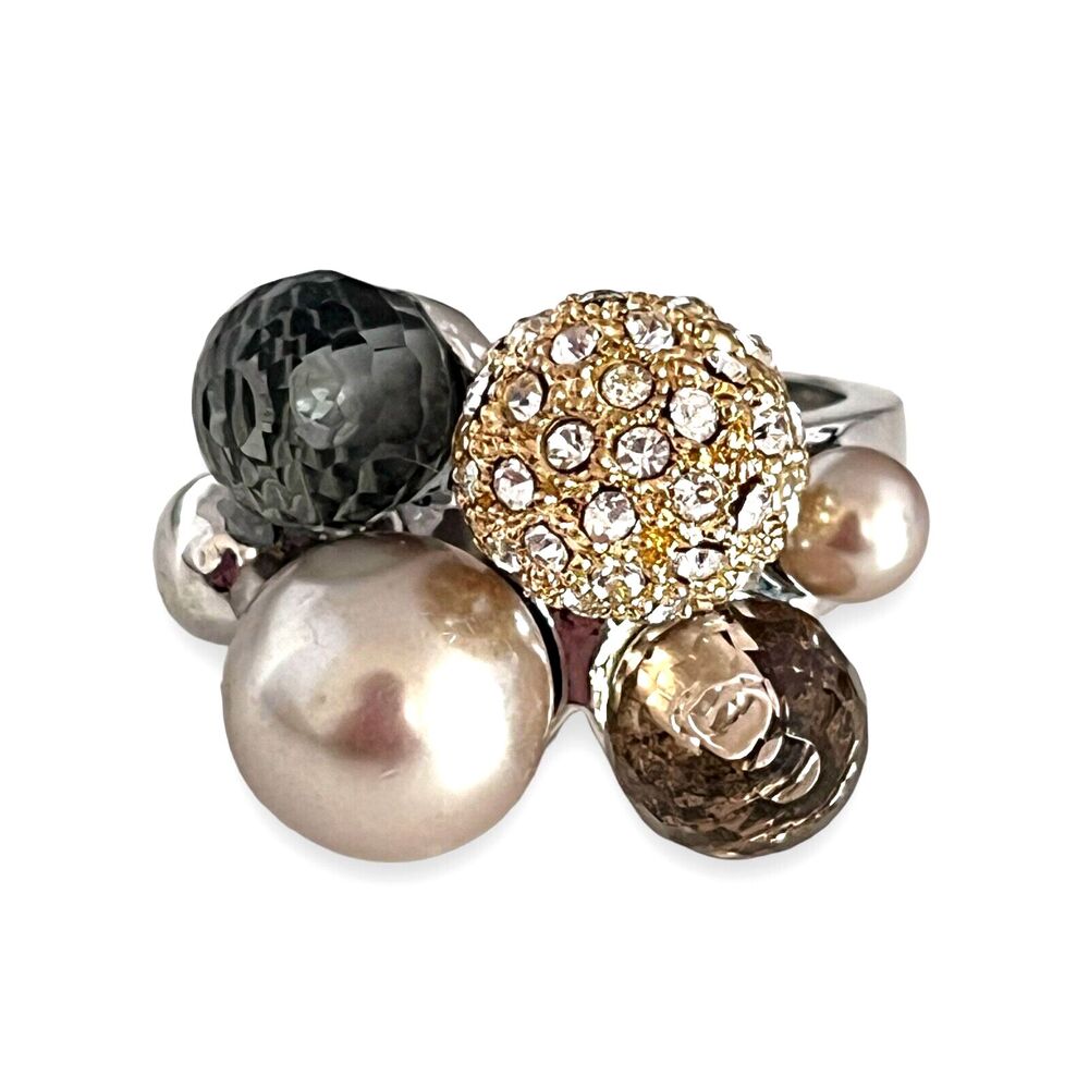 New Crystal Cluster Cocktail Ring Size 7 Silver Tone Pearl Statement - 2U
